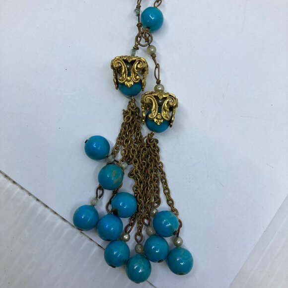 Vtg 1930s MIRIAM HASKELL ?  turquoise glass beads tassel lavalier necklace - Picture 3 of 6